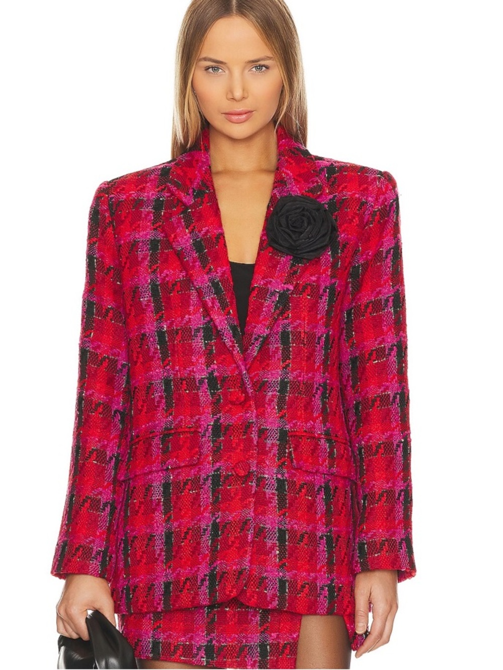 Lovers and Friends x Rachel Madix red and black houndstooth tweed blazer